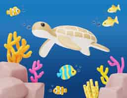 Free PSD 3d rendering of sea life illustration