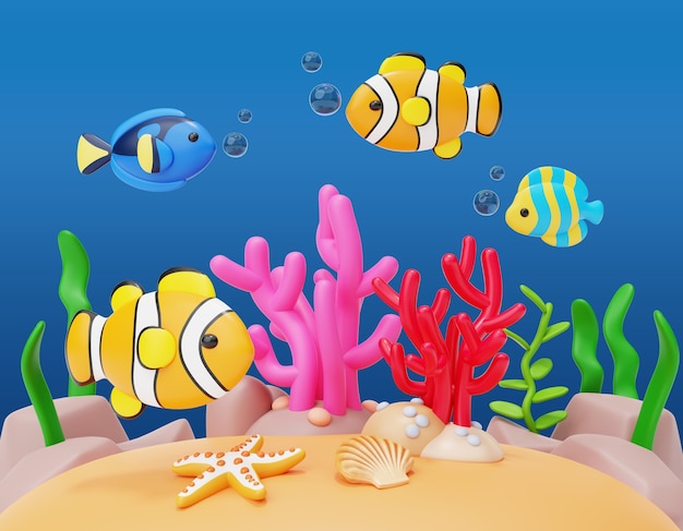 Free PSD 3d rendering of sea life illustration