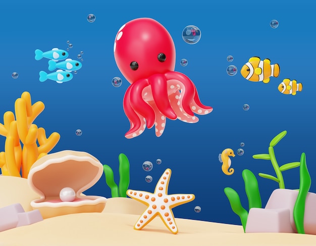 Free PSD 3d rendering of sea life illustration