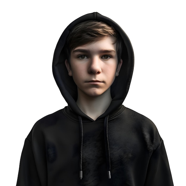 PSD gratuito rendering 3d di un adolescente con un cappuccio nero isolato su sfondo bianco