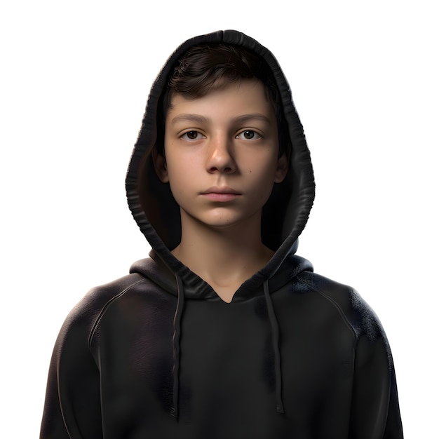 PSD gratuito rendering 3d di un adolescente con un cappuccio nero isolato su sfondo bianco