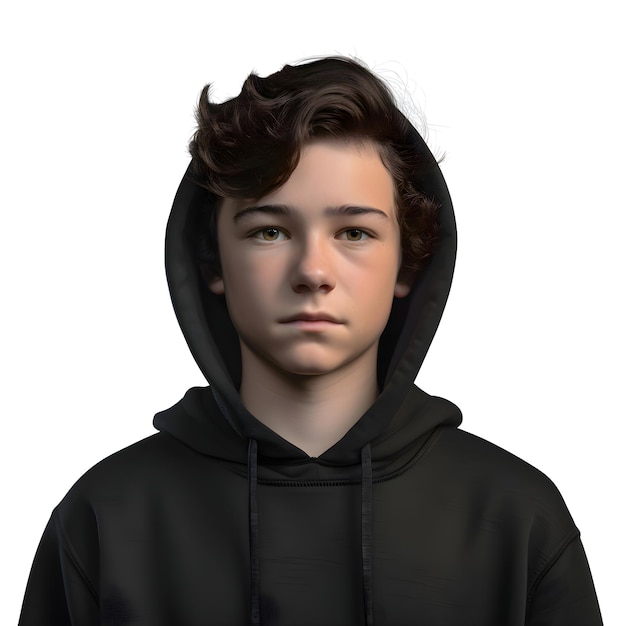 Rendering 3d di un adolescente con un cappuccio nero isolato su sfondo bianco