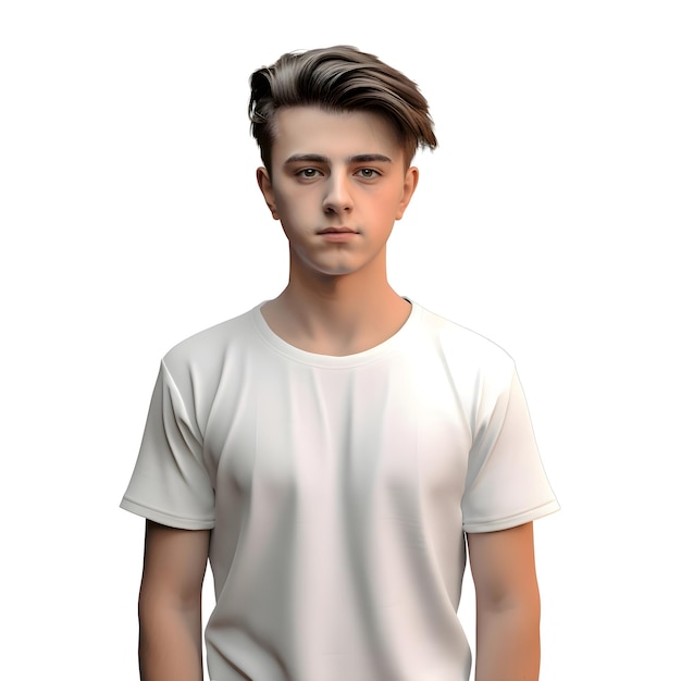 3d rendering of a teenager boy in a white t shirt isolated on white background