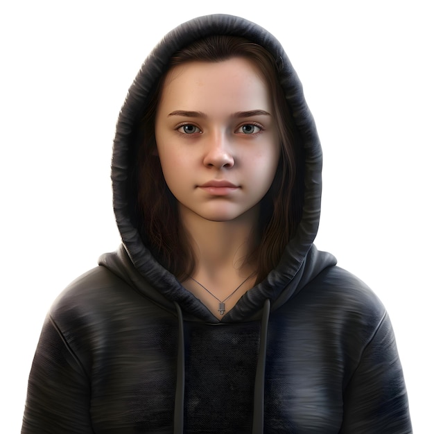 PSD gratuito rendering 3d di una ragazza adolescente in un cappuccio isolato su sfondo bianco