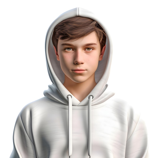 Free PSD 3d rendering of a teenager in a white hoodie isolated on white background
