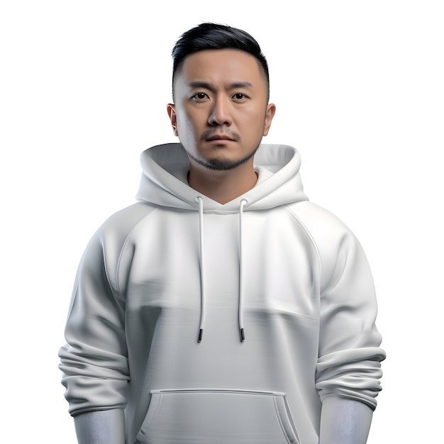 3d rendering of a young asian man wearing a white hoodie