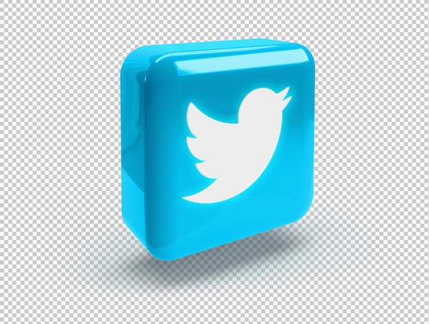 光沢のあるTwitterロゴ付きの3D丸みを帯びた正方形
