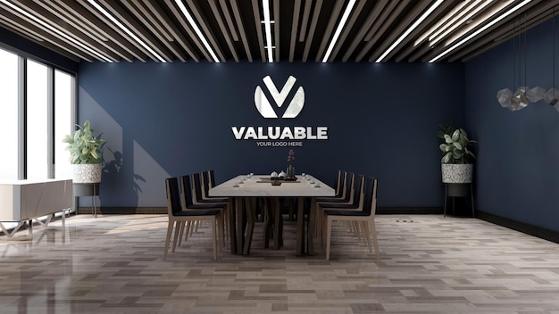 3d silver company logo mockup in the wooden office meeting room