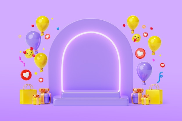 3d social media podium background with emojis