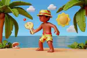 PSD gratuito vista 3d del personaggio in spiaggia durante l'estate