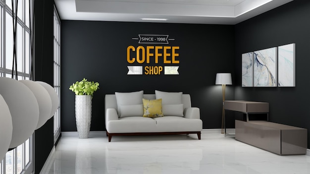 3d wall logo mockup in the coffee shop with sofa