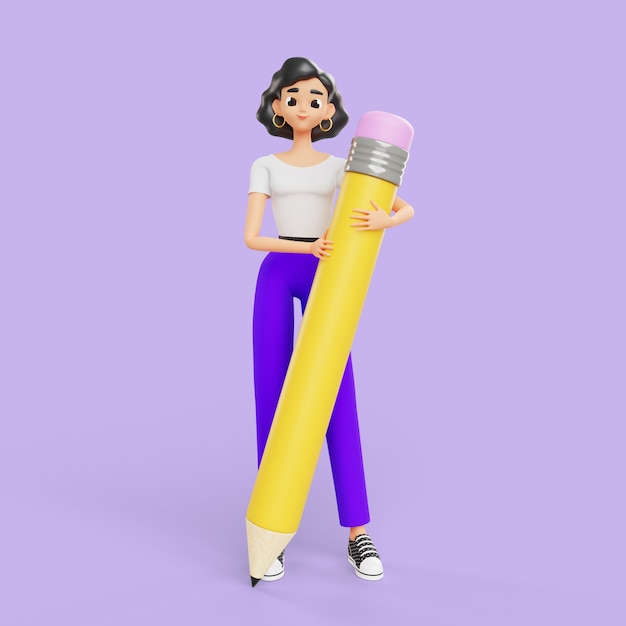 3d woman posing with huge pencil