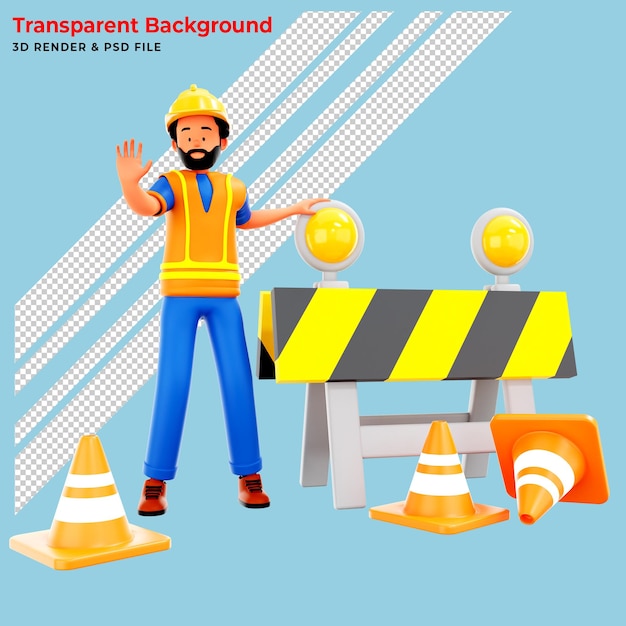 3D Worker and under construction sign 3D Rendering isolated