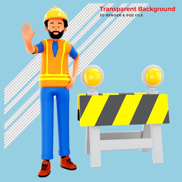 Free PSD 3d worker and under construction sign 3d rendering isolated