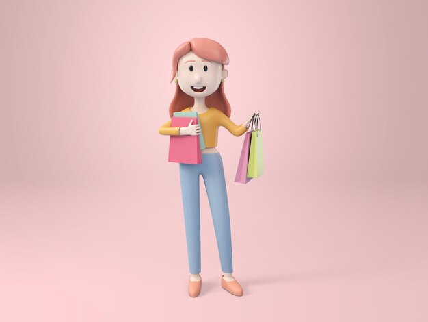 3D, Young pretty woman holding shopping bag in hand