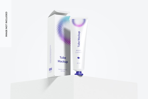 Download Premium Psd 40 Ml Metallic Cosmetic Tube With Box Mockup Front View