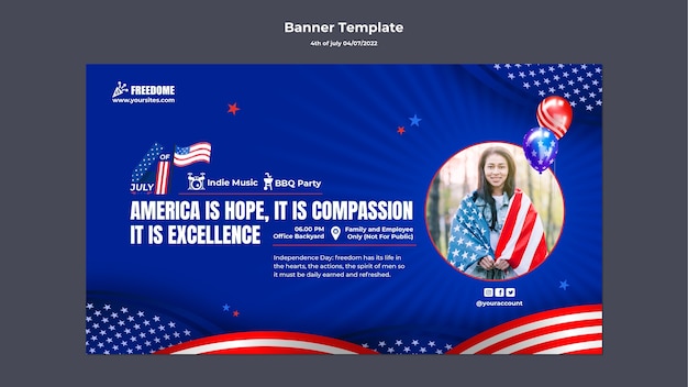 PSD gratuito 4 luglio modello di banner orizzontale con bandiera americana