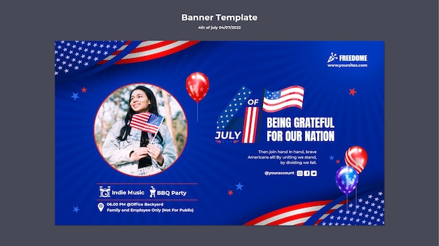 4 luglio modello di banner orizzontale con bandiera americana