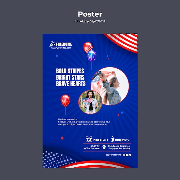 4 luglio modello di poster verticale con bandiera americana