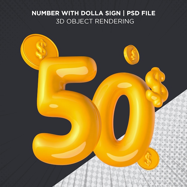 Premium PSD | 50 dollar number fifty dollar usd sign yellow 3d rendering