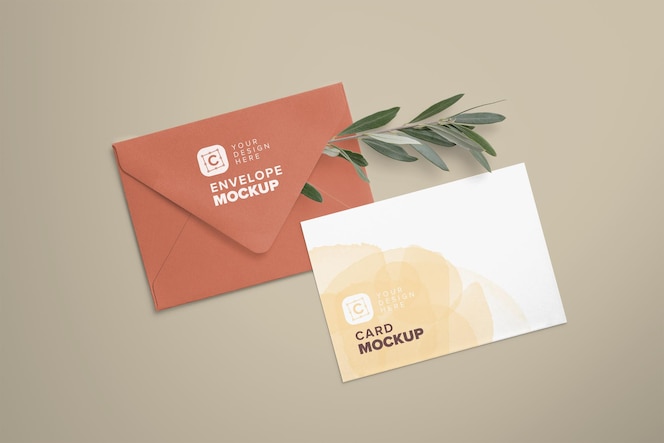 5x7in card mockup on envelope with tucked olive tree branch
