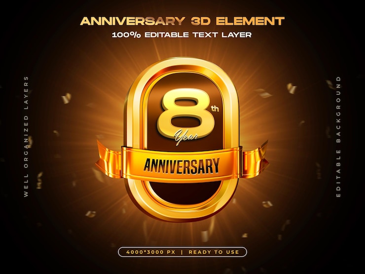 मुफ़्त PSD 8th year anniversary celebration 3d golden badge template for composition