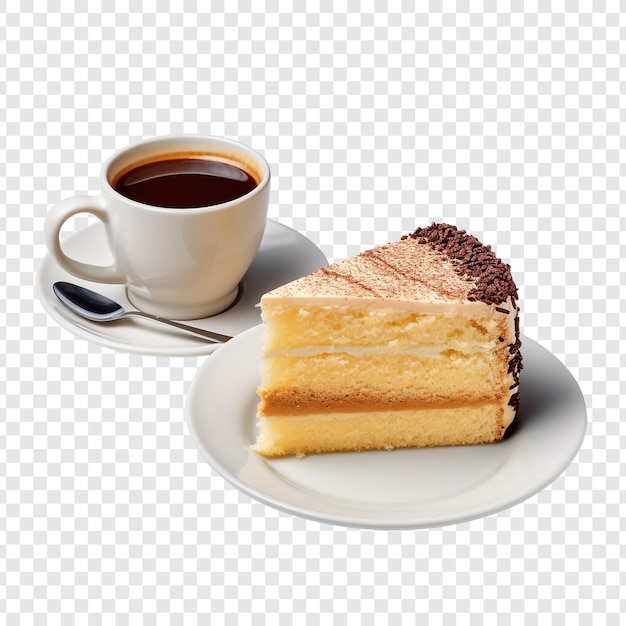 透明な背景に分離された一杯のコーヒーとスポンジ ケーキ