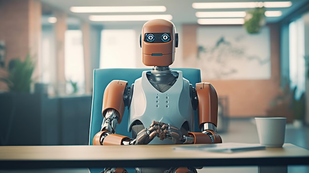 現代のオフィスで就職面接を待つロボット 生成 ai