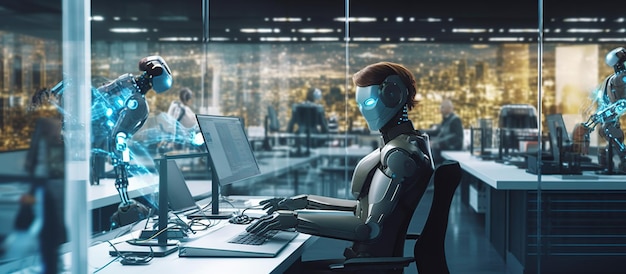 Робот, работающий в современном офисе с реальными людьми генеративный ии