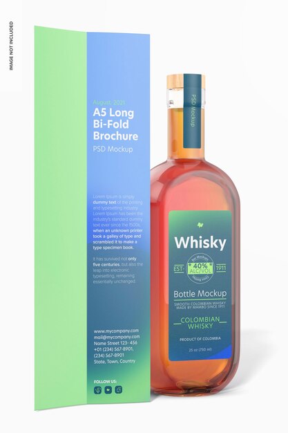 A5 long bi-fold brochure with a whisky bottle mockup