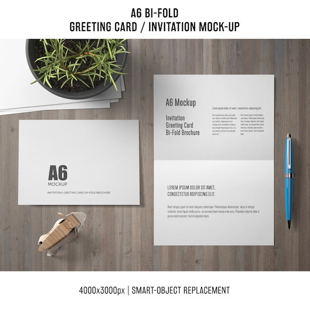 A6 bi-fold greeting card mockup with plant