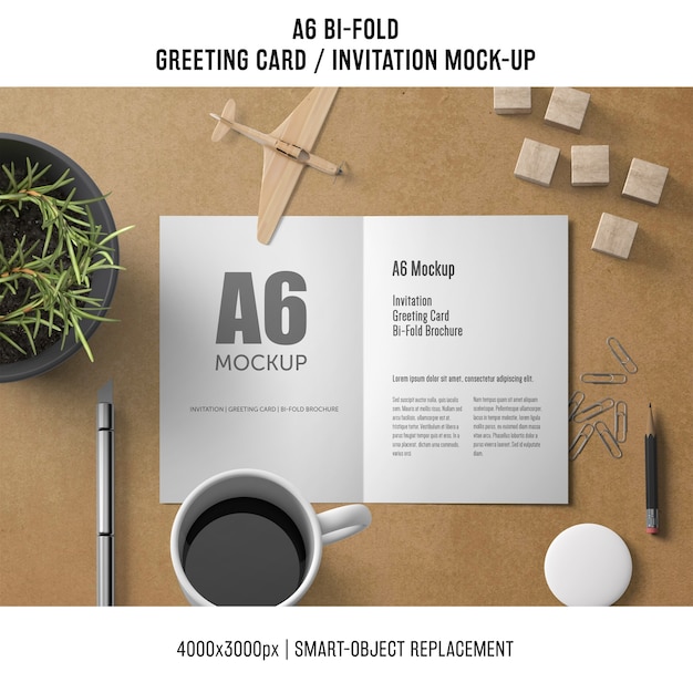 A6 bi-fold greeting card template with coffee – free PSD download