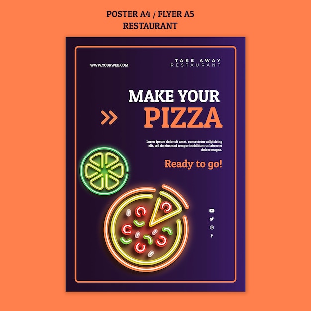 Modello astratto del manifesto del ristorante con pizza al neon