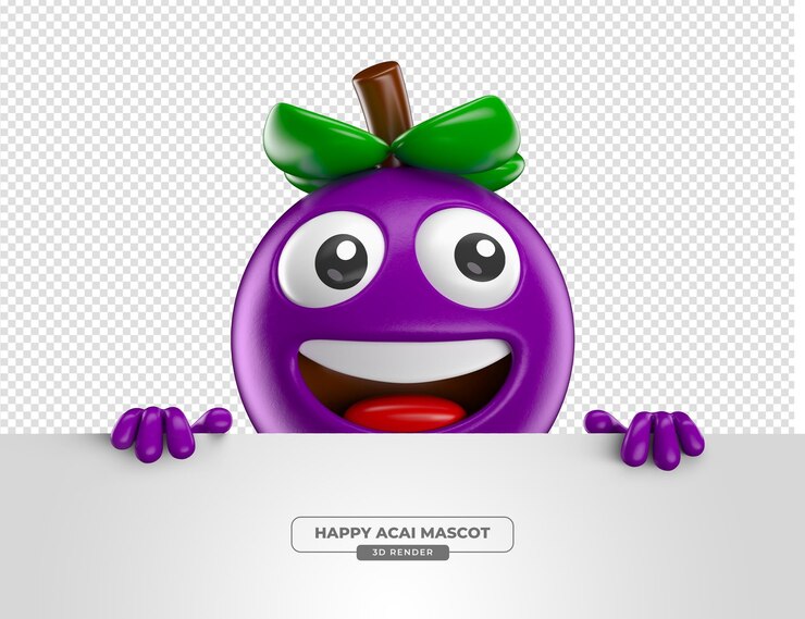 Free PSD acai berry mascot peeking over edge cartoon 3d render with transparent background