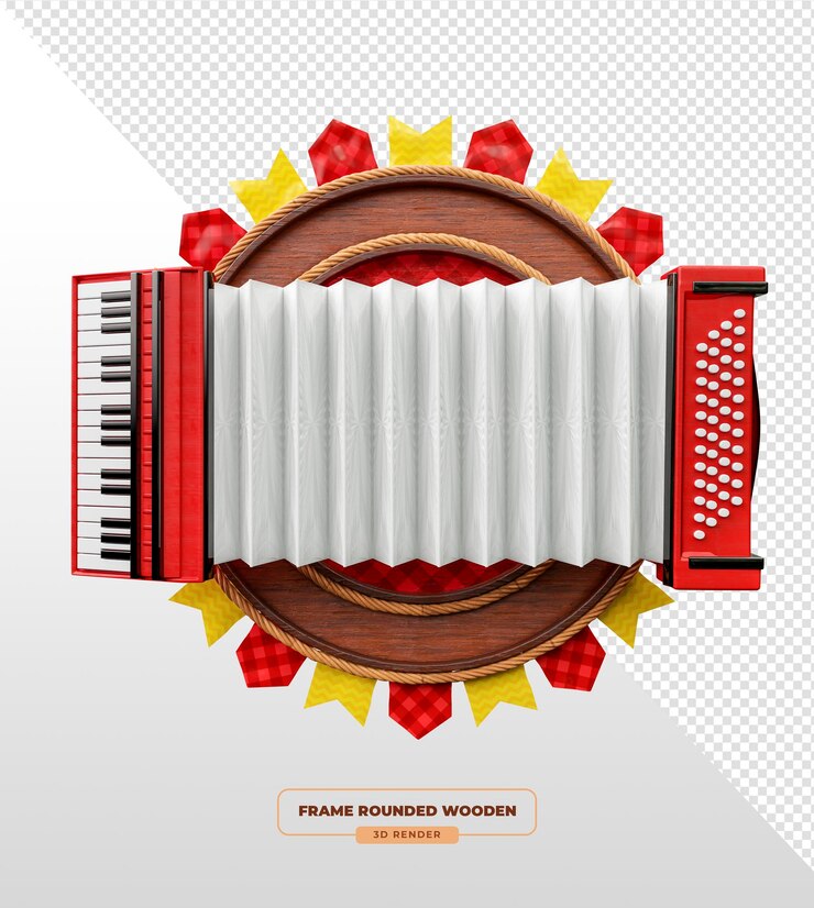 Free PSD accordion surrounded by wooden frame and decorative elements 3d render
