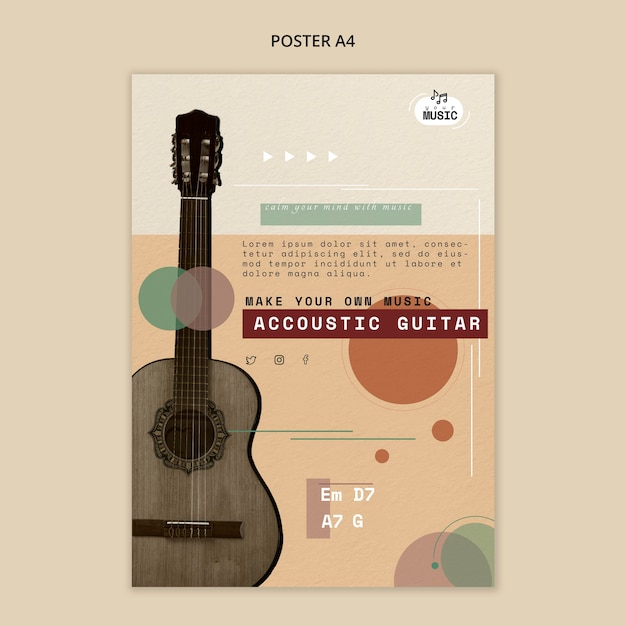 Бесплатный PSD Уроки акустической гитары в стиле постера