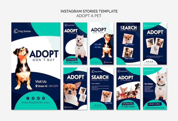 PSD gratuito adotta una raccolta di storie per instagram per animali domestici