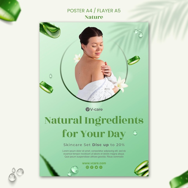 PSD gratuito aloe vera cosmetici naturali poster e flyer modello di progettazione