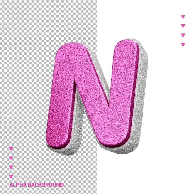 Alphabet 3d letter n pink with white glitter texture