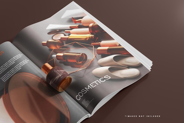 Amber glass cosmetic bottle and magazine mockup