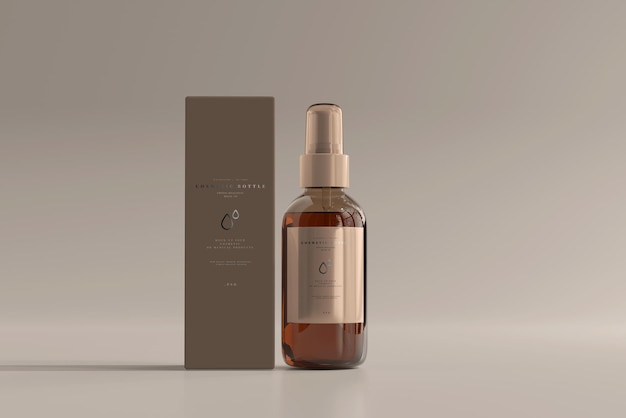 Amber glass cosmetic spray bottle with box mockup