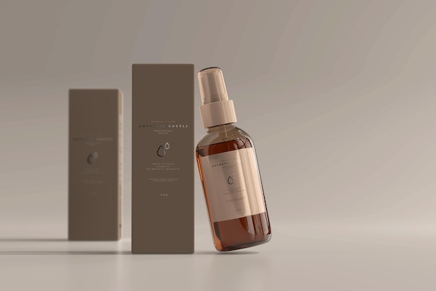 Amber glass cosmetic spray bottle with box mockup