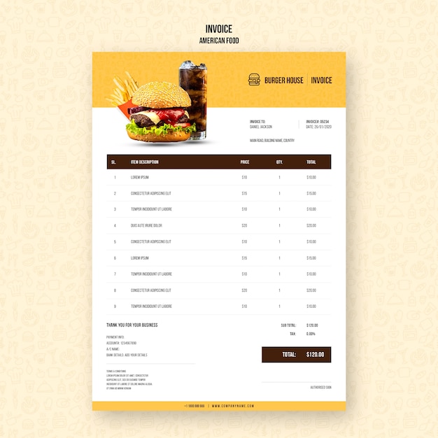 American food invoice template