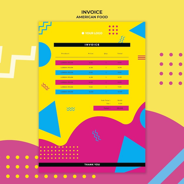 無料PSD アメリカ料理の請求書テンプレート