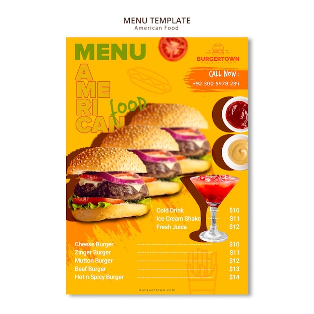 Disegno del modello di menu di cibo americano