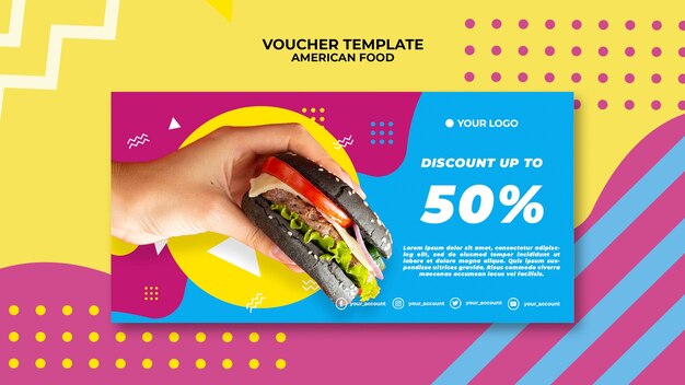 Free PSD american food voucher template with photo