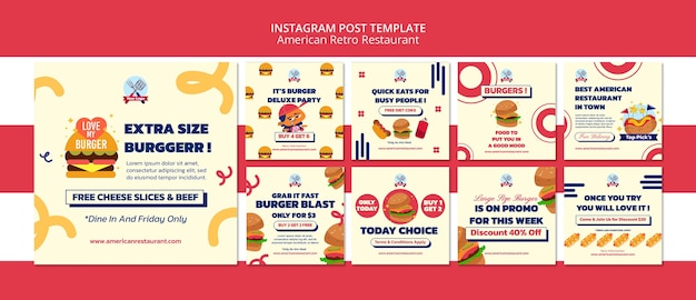 Free PSD american retro restaurant instagram post set