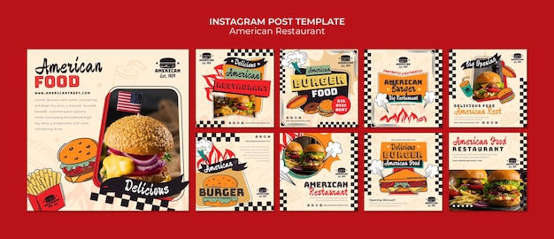 Free PSD american retro restaurant instagram posts template