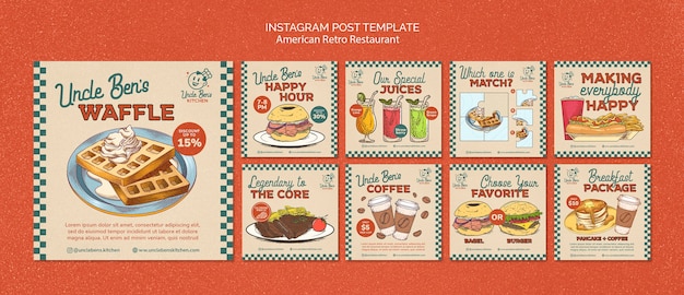 PSD gratuito modello di post di instagram del ristorante retrò americano