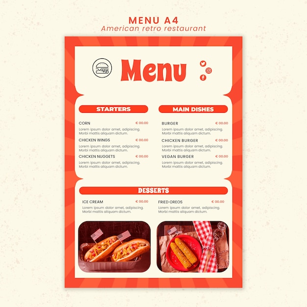 PSD gratuito modello di menu del ristorante retrò americano